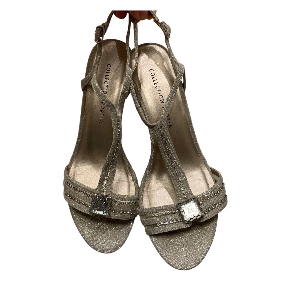 Silver Sparkle Strappy Heels Dressy Shoes with Rhinestones, Size 7.5